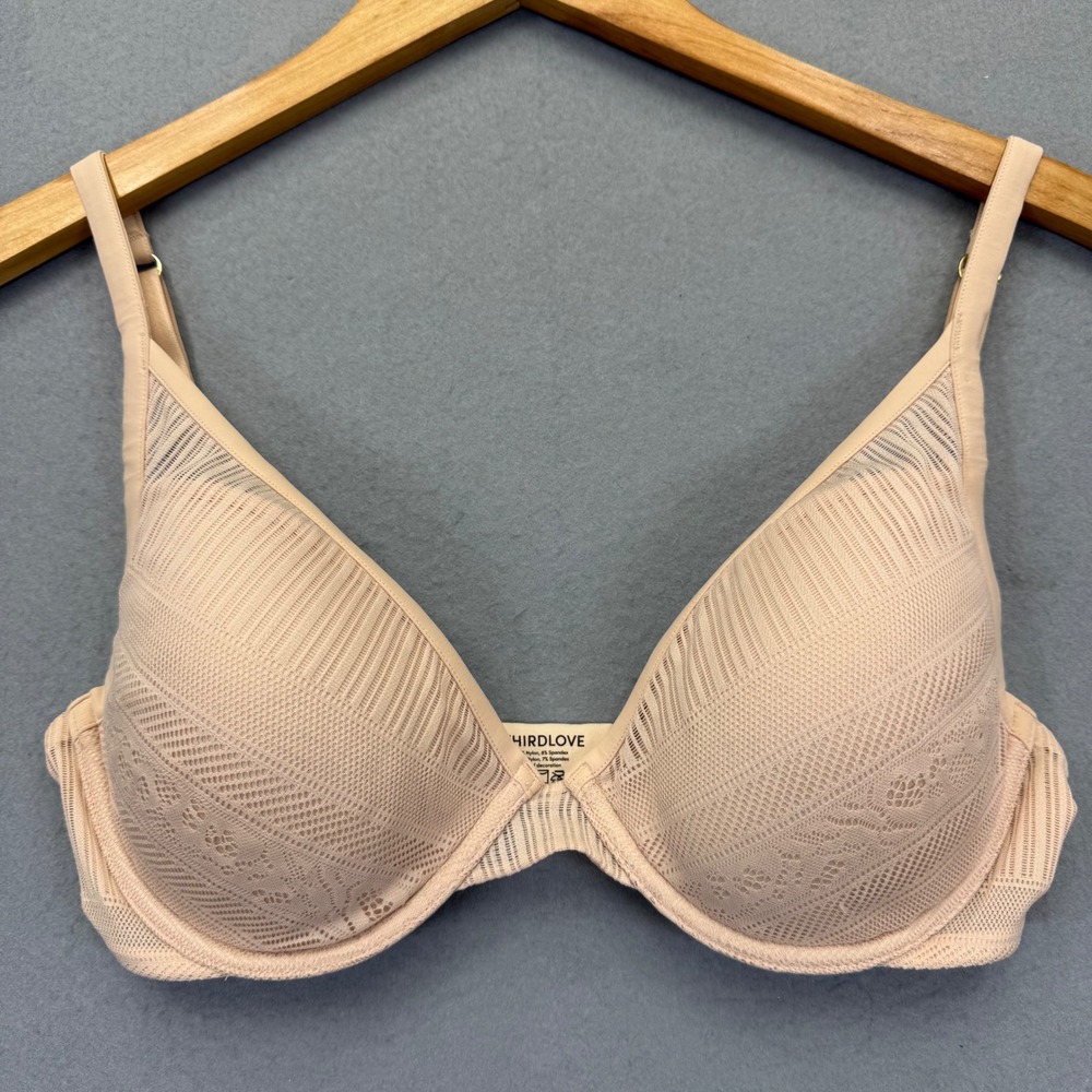 ThirdLove Everyday Lace Plunge Bra 34D Pink Taupe Geometric Mesh Underwire 7047